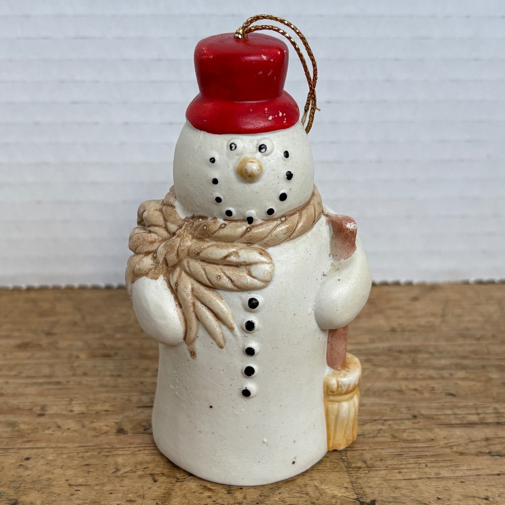 Vintage Ceramic Snowman Bell Ornament Red Top Hat Broom 4 Inch‎ Christmas Decor